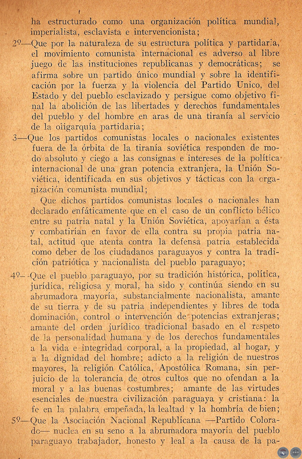 COLORADISMO PARAGUAYO FRENTE A LA ORGANIZACIÓN COMUNISTA INTERNACIONAL, 1954 - FIRMADO POR ALFREDO STROESSNER (RESOLUCIÓN JUNTA DE LA ANR)